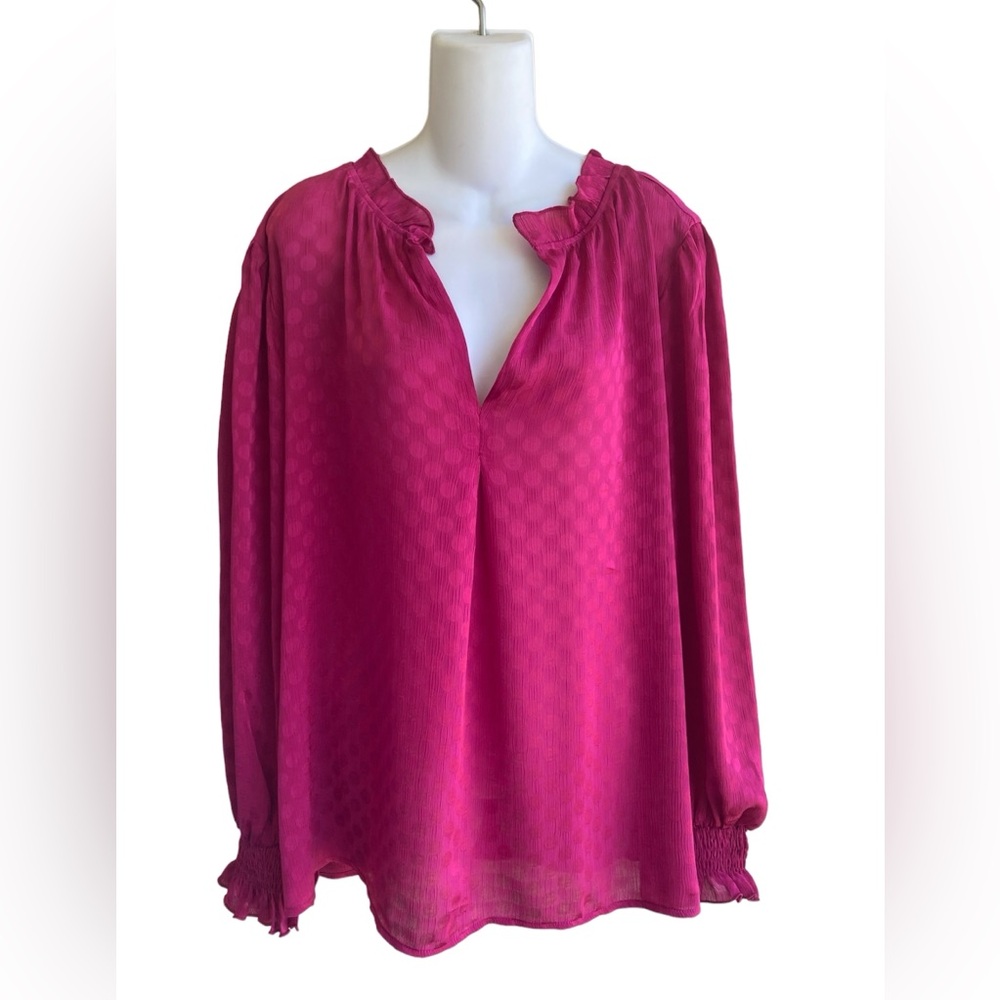 NY Collection Silky Dot Pattern Blouse Long Sleeve Dark Pink Woman 2X Ruffle NWT
